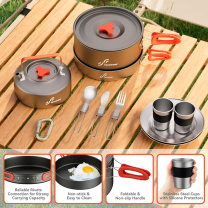 Sportneer Camping Cookware Set, 18Pcs Non-Stick Lightweight Pots, Pan, Kettle with Stainless Steel Cups, Plates, Forks, Knives & Spoons for Camping, Backpacking, Hiking, Outdoor Cooking & Picnic