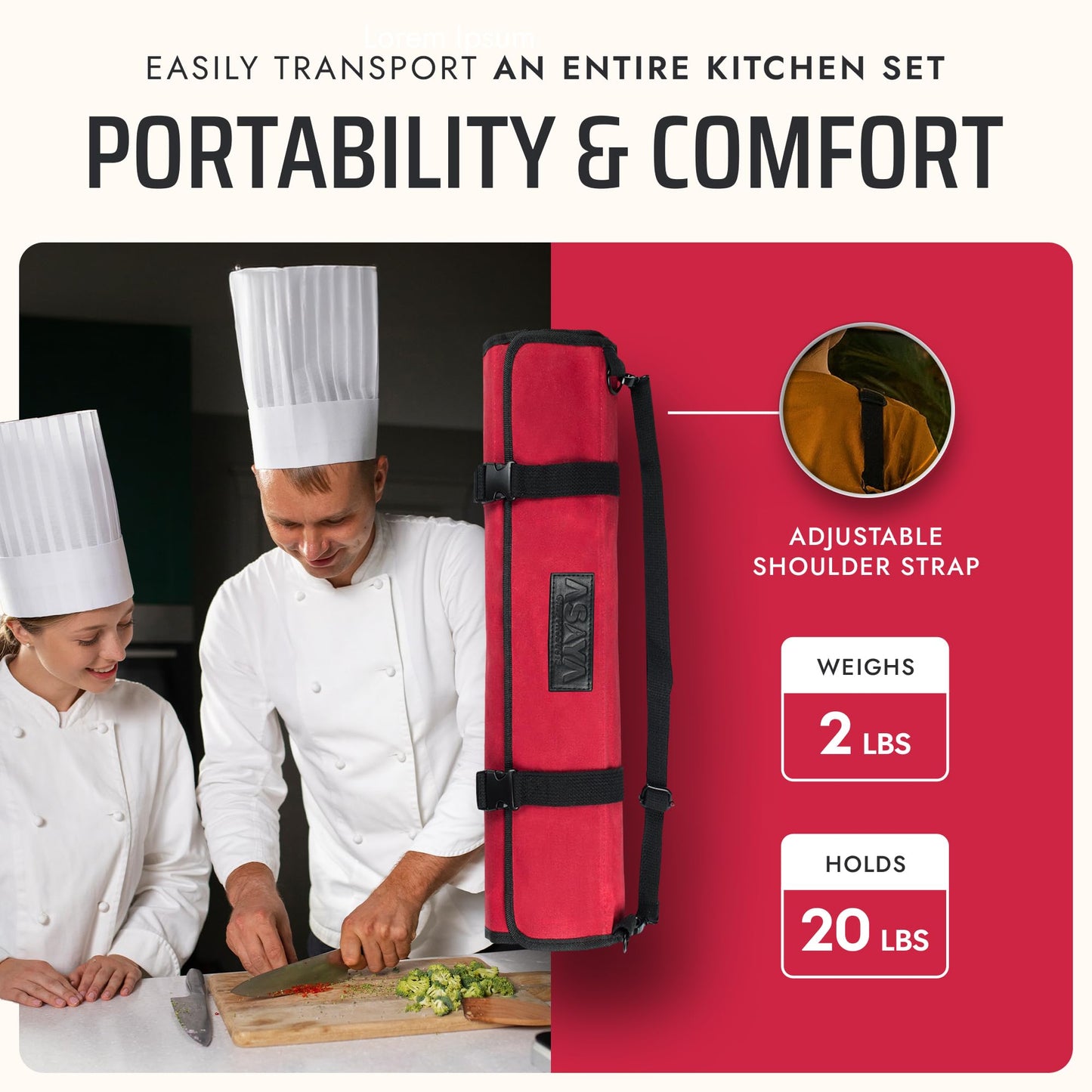 Asaya Waxed Canvas Chef Knife Roll Bag with 10 Slots and a Zipper Pocket - Professional Chef Knife Bag & Storage Case, with Shoulder Strap - Knives Not Included (Red)