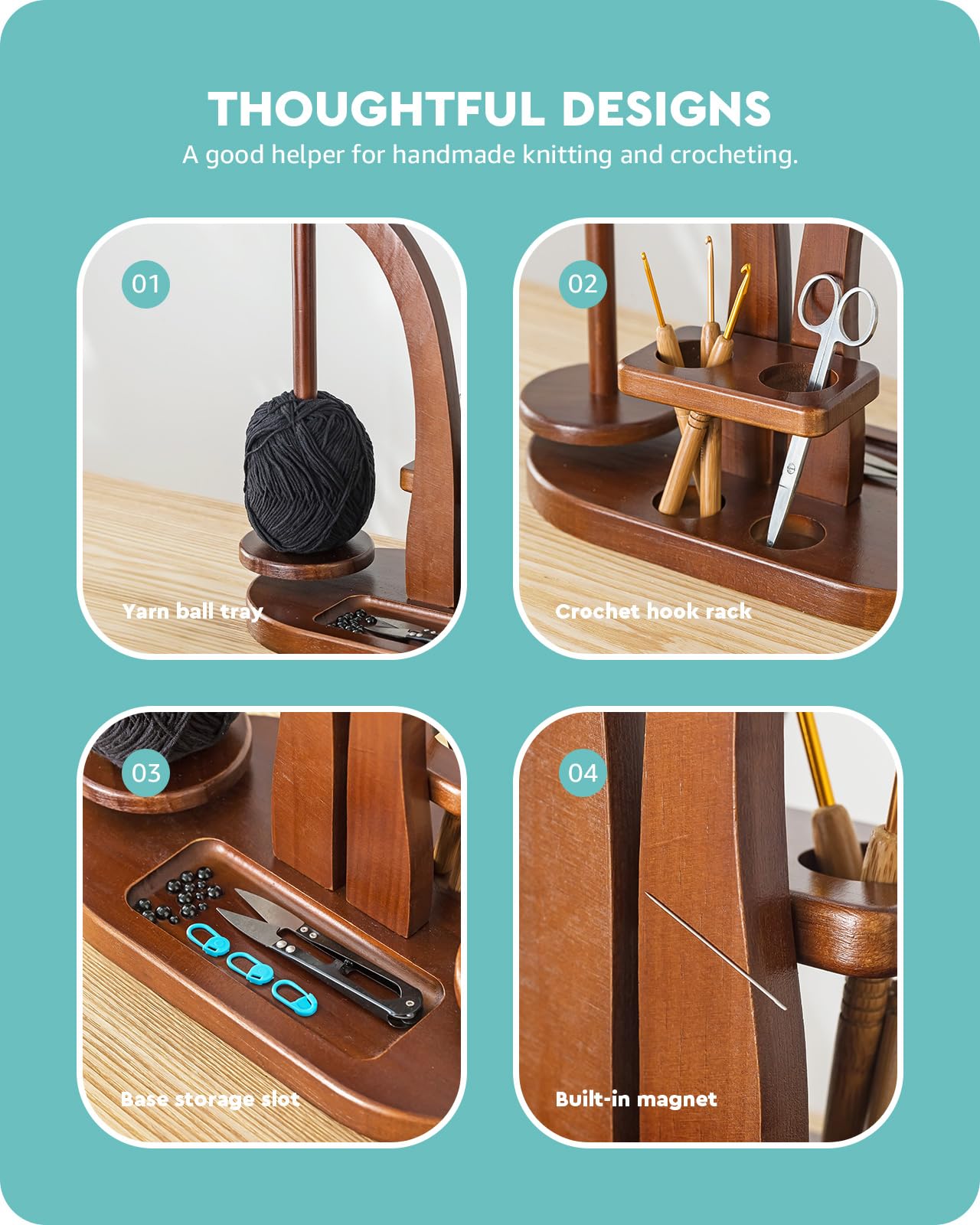 Baffect Yarn Holder Magnetic, Yarn Ball Holder Wooden, Yarn Spindle with Double Spindles, Spinning Yarn Holder for Crochet Lovers