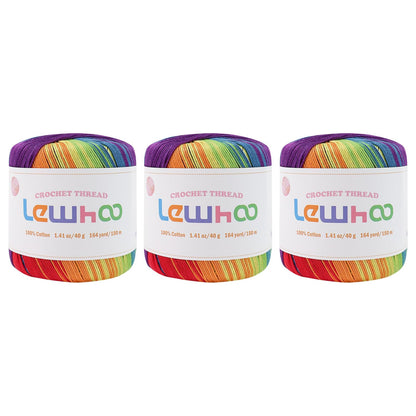Lewhoo Crochet Thread Size 3, 3 Pack 100% Cotton Lace Yarn Set, 40g Balls Yarn for Hand Knitting Rainbow