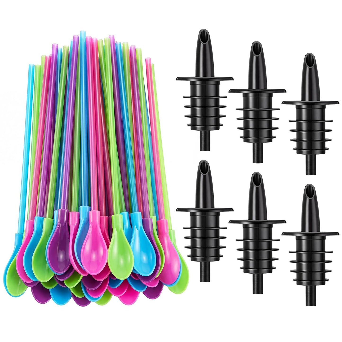 Sliner 6 Pcs Ice Syrup Precise Control Bottle Pouters 60 Pcs Hard Plastic Spoon Straws 9 in Detachable Kitchen Utensil Stirring Coffee Spoon, Professional Pour Spouts for Snow Cone & Drink Flavors
