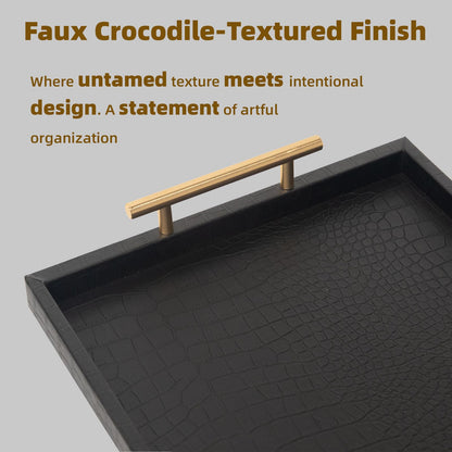 MACVAD Set of 2 Modern Elegant Large Wood Serving Tray, Rectangle Decorative Tray Ottoman Tay Coffee Table Tray, Black Crocodile Leather with Gold Polished Metal Handles