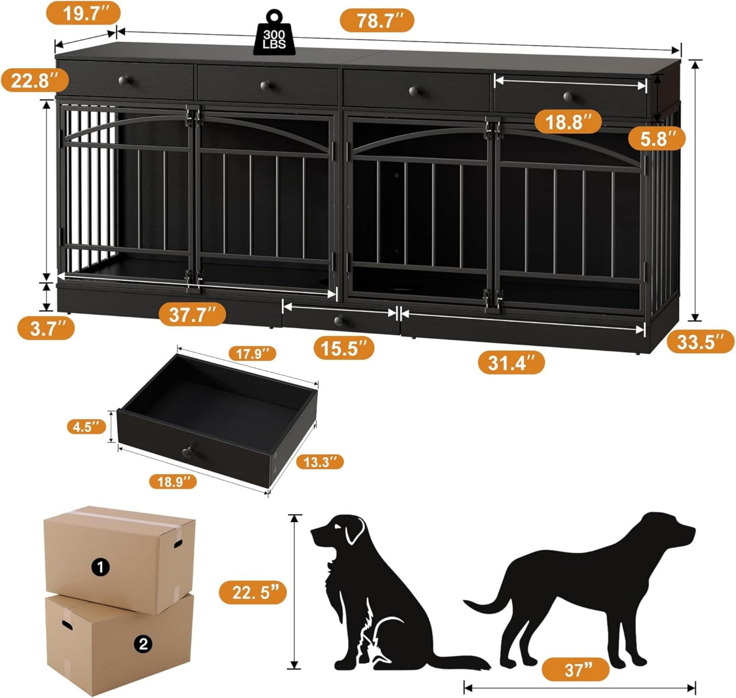 GAOMON Dog Crate Furniture for 2 Dogs, 78.7'' Large Dog Kennel Indoor with 4 Storage Drawers and Feeding Bowls, Double Dog Crate TV Stand for Small and Medium Dogs, Black