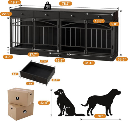 GAOMON Dog Crate Furniture for 2 Dogs, 78.7'' Large Dog Kennel Indoor with 4 Storage Drawers and Feeding Bowls, Double Dog Crate TV Stand for Small and Medium Dogs, Black