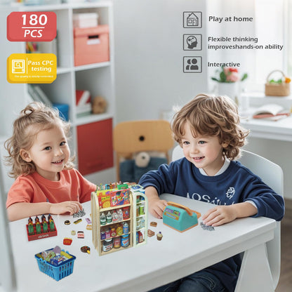 180Pcs Mini Shopping Cart Playset - Pretend Grocery Dollhouse Accessories Toys with Miniature Cash Register, 2 Fruit-Veggie Stands, 3 Shelves, 100+ Play Food - Educational Role Play Toys for Toddlers