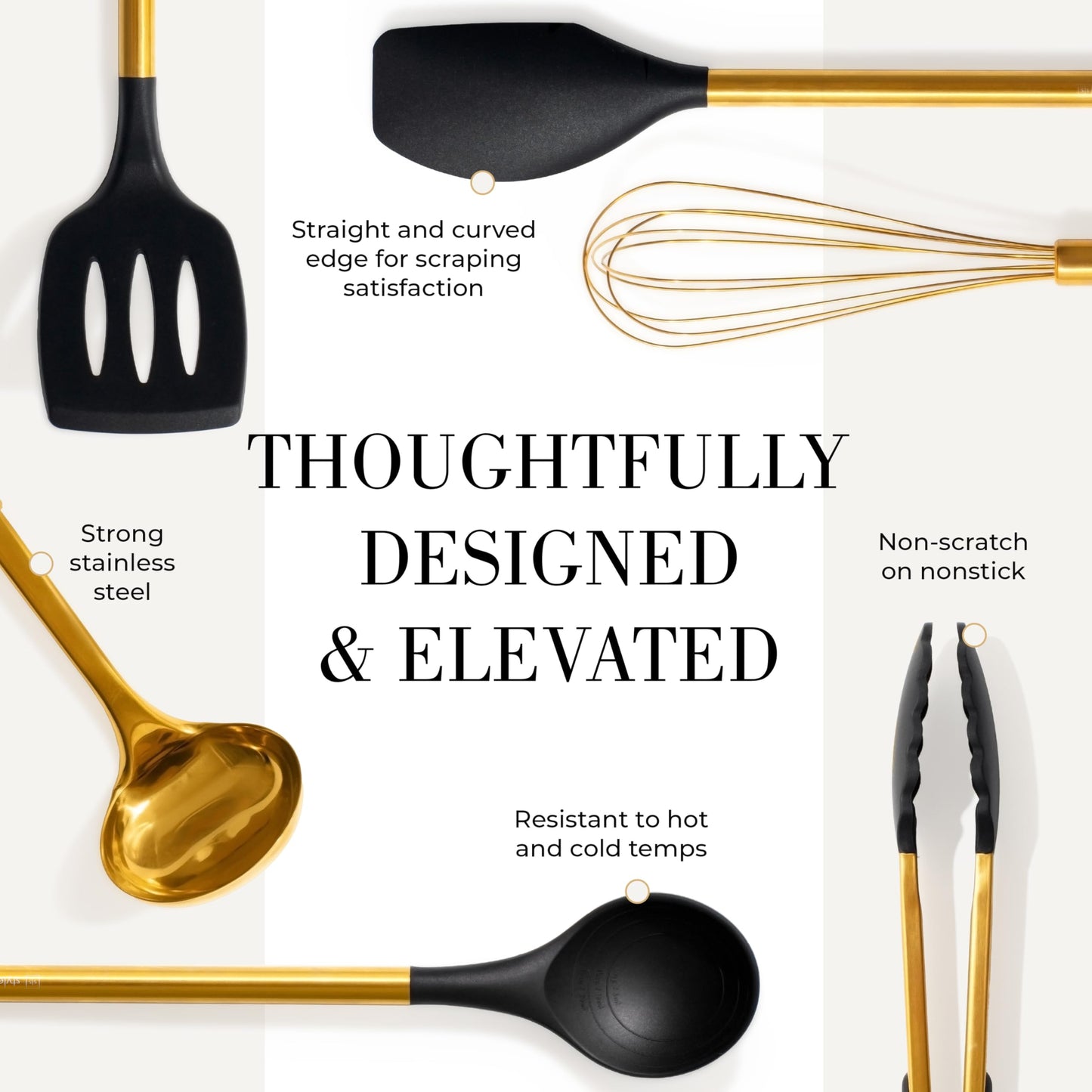 Black and Gold Kitchen Utensils Set - 7-Piece Silicone Cooking Tools with Gold Utensil Holder for Nonstick Cookware and Modern Kitchens - Stylish Luxury Kitchen Accessories