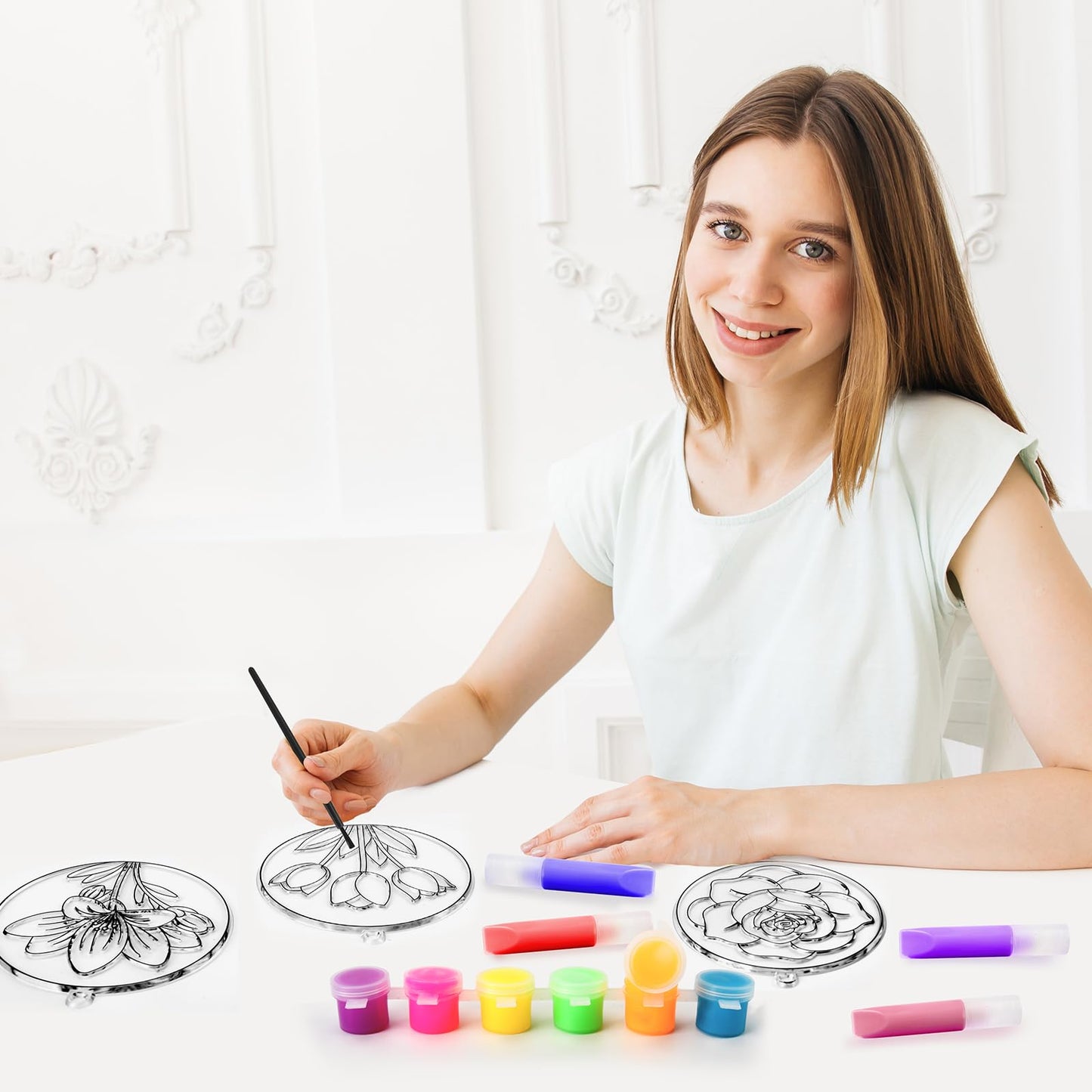 Nlicrst 32 Sets Flower DIY Sun Catcher Crafts Decorations, Sun Catcher Kits for Adults Window Art, Suncatcher Paint DIY Craft Kits for Kids Classroom Decorations