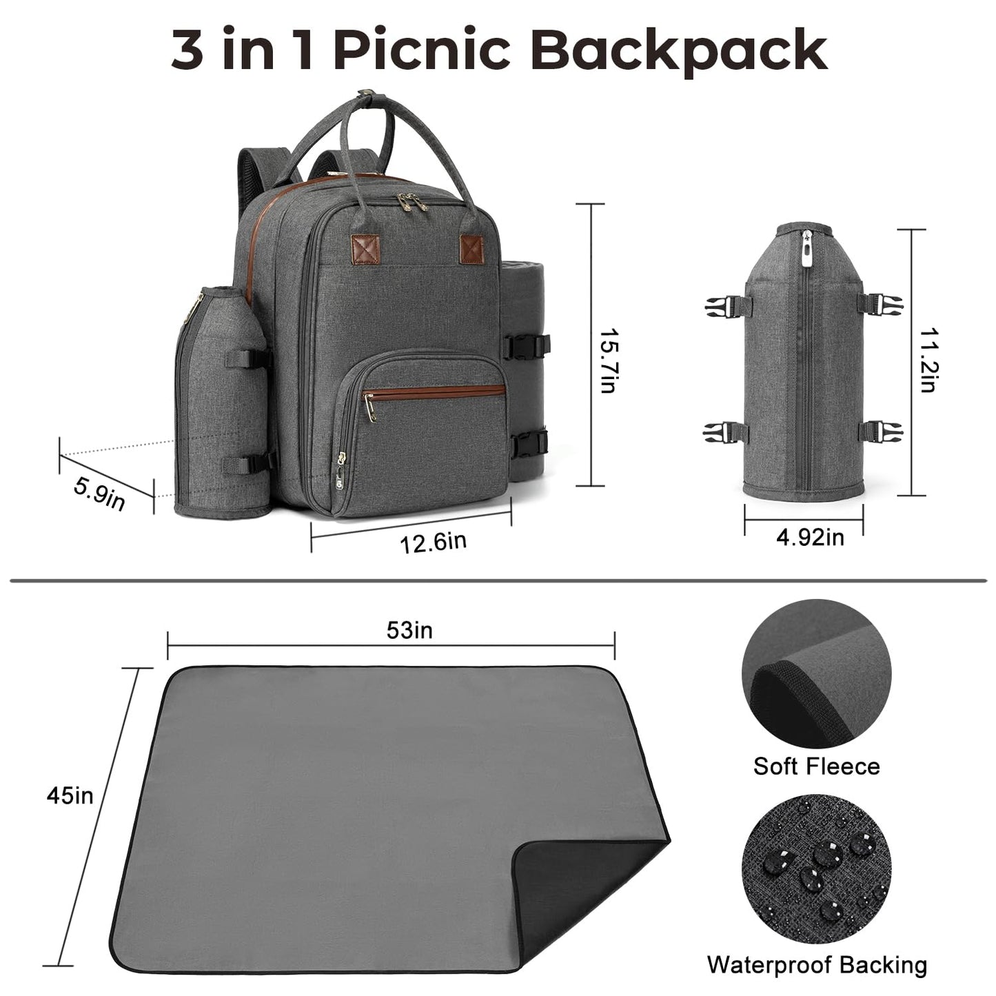 ALLCAMP Picnic Backpack - Insulated Cooler Bag with Compartment, Detachable Wine Glass Holder, Throw Blanket & Cutlery Set, 2 Person Picnic Set for Family Outings, Couple Gifts (Gray)