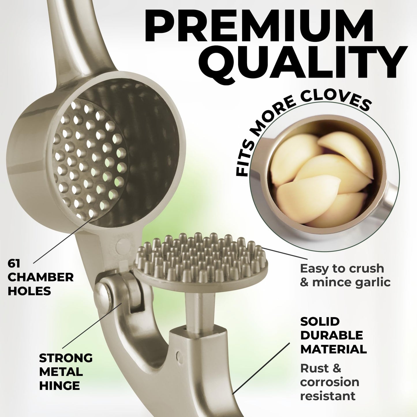 Zulay Kitchen Large Premium Garlic Press Set - Bigger Bowl for Bigger Garlic - Rust Proof Garlic Mincer Tool - Easy-Squeeze, Easy-Clean Silicone Garlic Peeler & Brush (Silver)