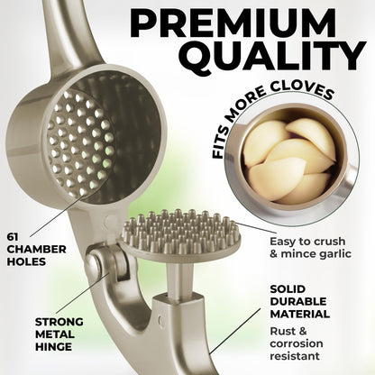 Zulay Kitchen Large Premium Garlic Press Set - Bigger Bowl for Bigger Garlic - Rust Proof Garlic Mincer Tool - Easy-Squeeze, Easy-Clean Silicone Garlic Peeler & Brush (Silver)