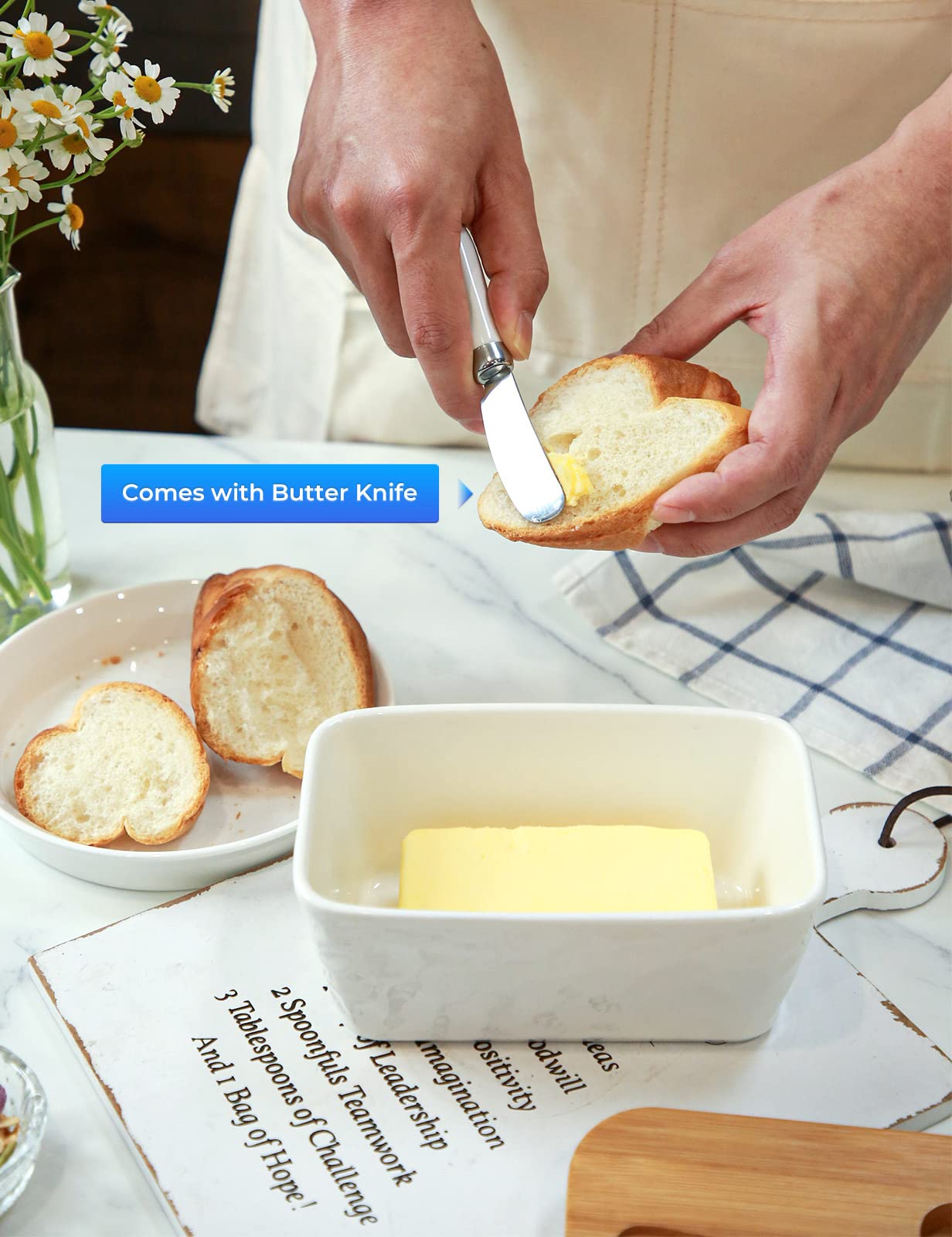Butter Dish with Lid: Large Butter Dish for Countertop - Ceramic Butter Container with Knife Double Silicone Seal - Unique Stone Butter Dishes with Covers for Farmhouse Kitchen Decor Home Decor White