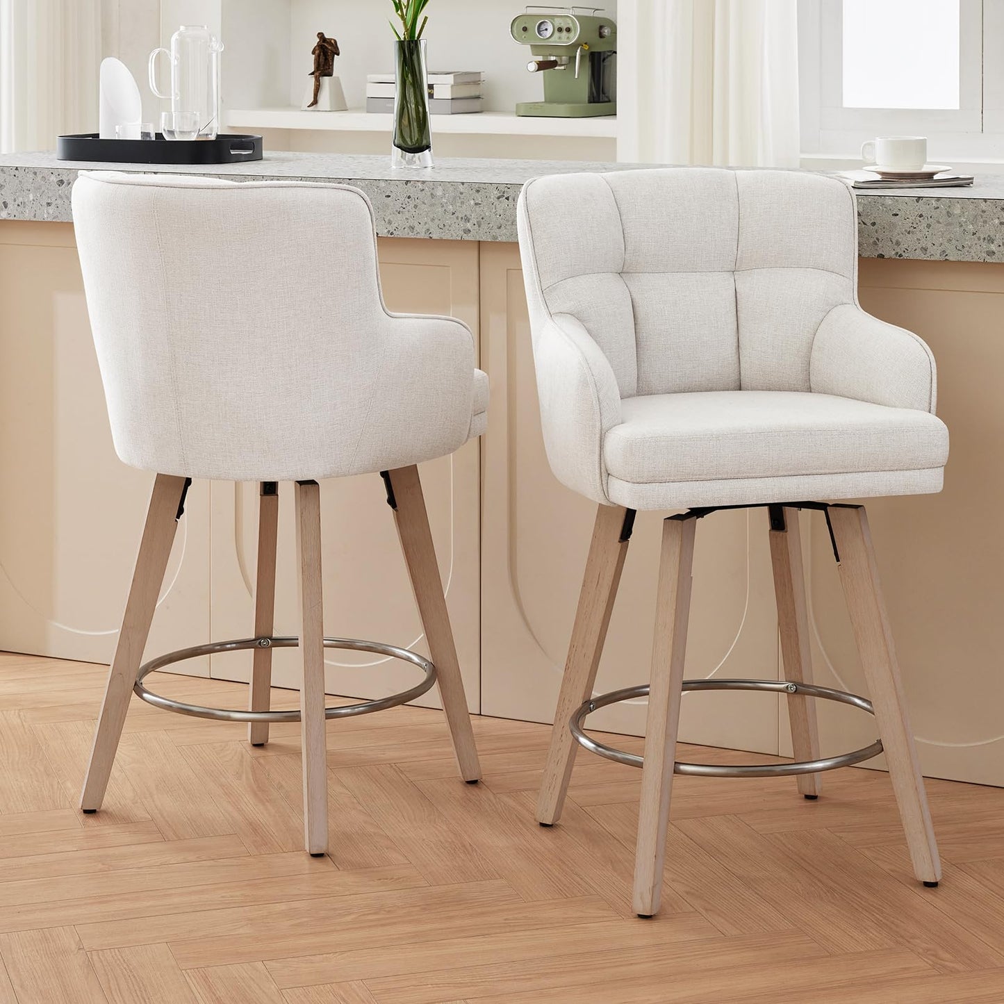 SAECKBERG 360°Swivel Counter Height Bar Stools with Back, 26 inch Solid Wood Legs, Bar Stool Modern Kitchen Island Chairs, Fabric (Beige- Fabric, 26" H- Set of 2)