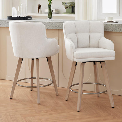 SAECKBERG 360°Swivel Counter Height Bar Stools with Back, 26 inch Solid Wood Legs, Bar Stool Modern Kitchen Island Chairs, Fabric (Beige- Fabric, 26" H- Set of 2)