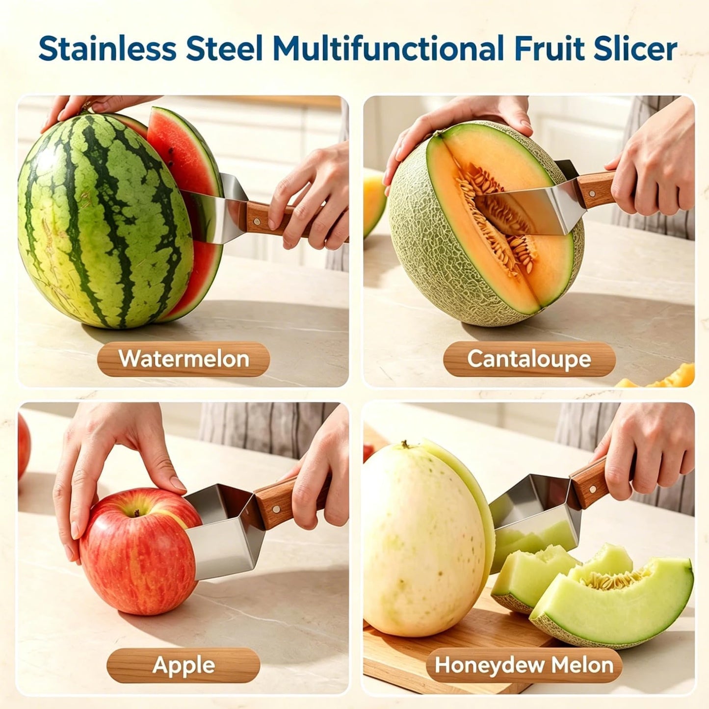 Stainless Steel Triangle Watermelon Slicer with Wooden Handle, Multi-Purpose for Watermelon, Cantaloupe, Apple & More, Effortless & Fast Fruit Cutter (2PCS)