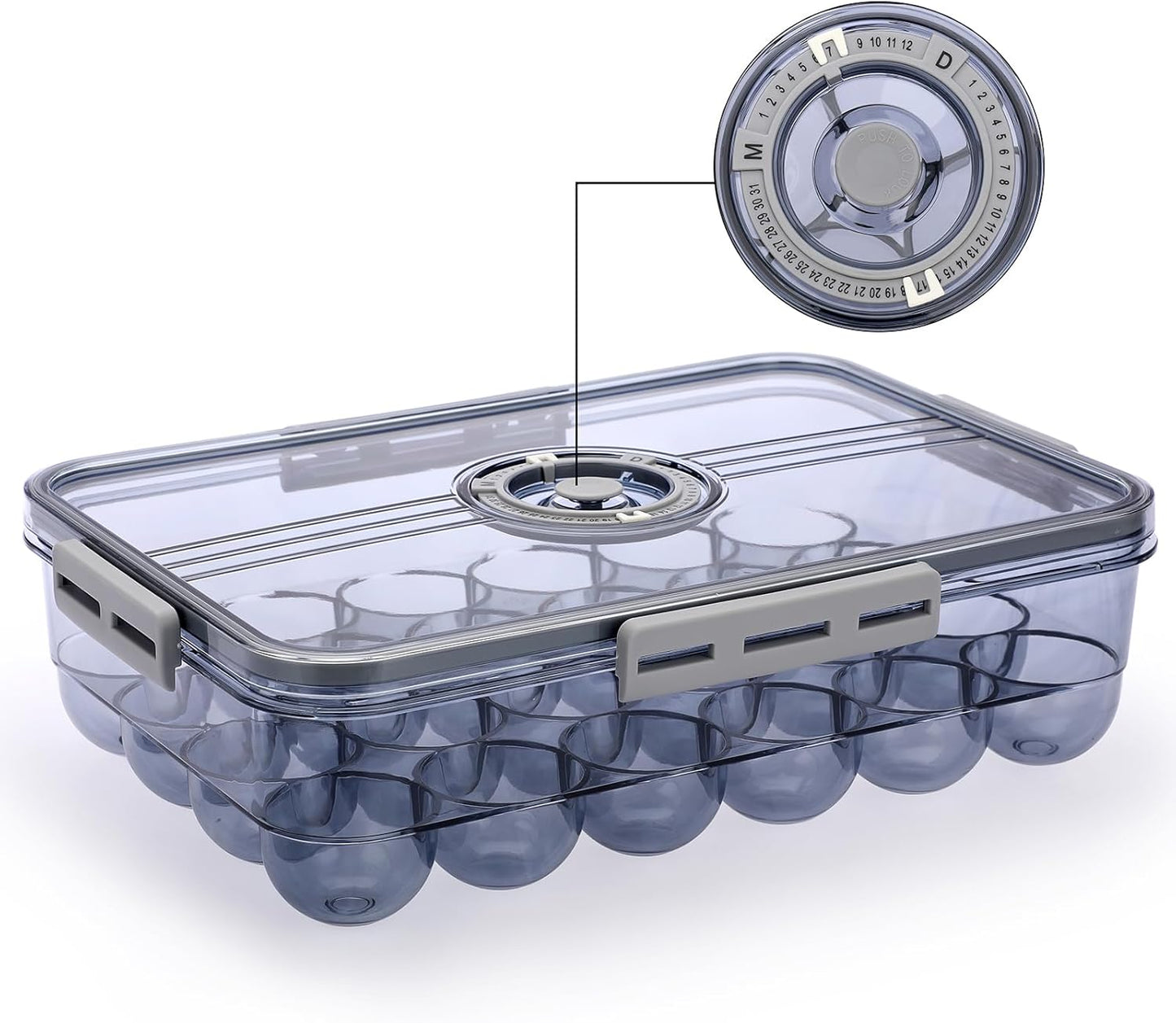BTSKY Premium Plastic Egg Holder for Fridge - 24 Count Egg Container with Time Reminder and Lid, Reusable Stackable Egg