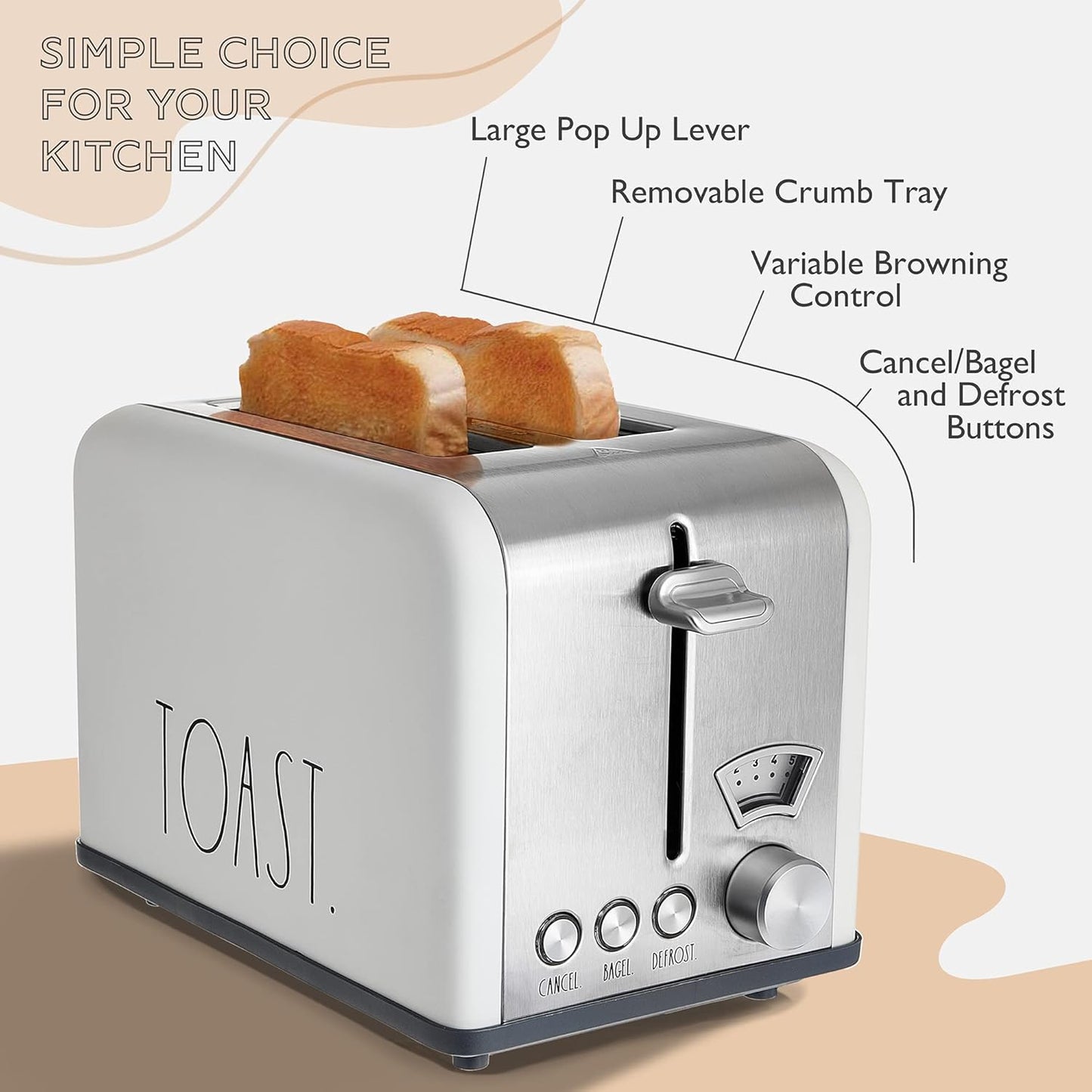 Rae Dunn Stainless Steel Toaster, 2 Slice Square, Wide Slot with 5 Browning Levels, Bagel, Defrost, Cancel Options