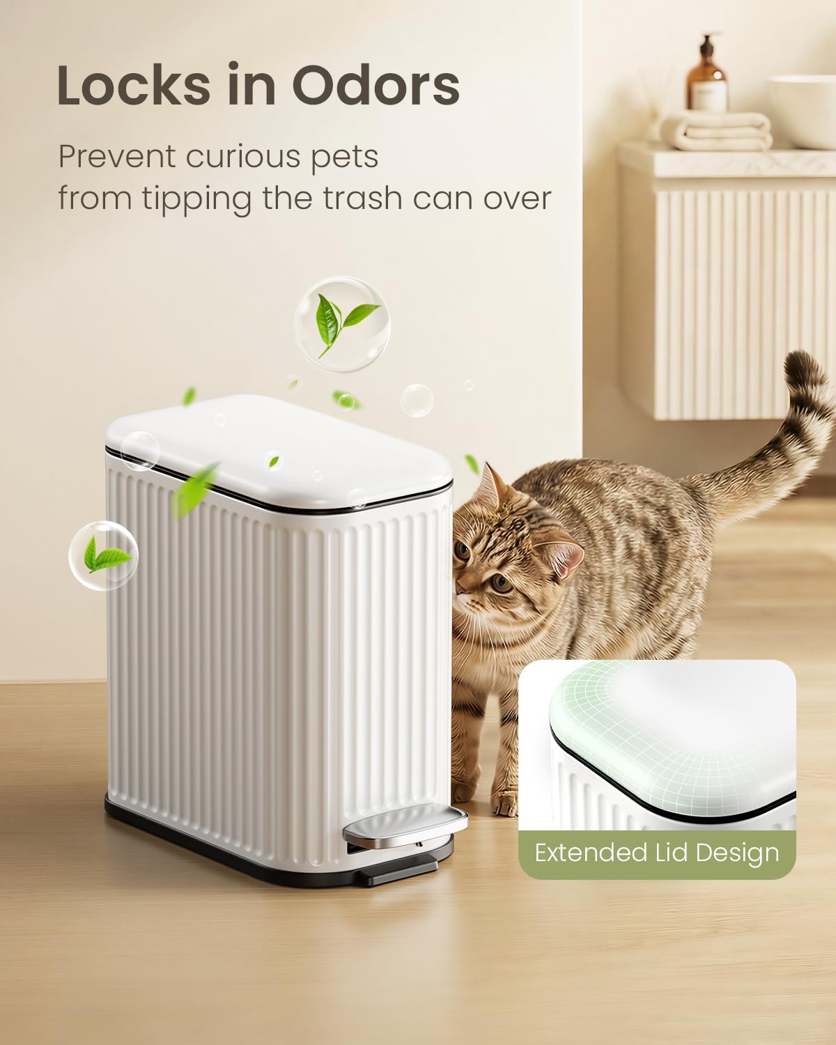 Cesun Bathroom Small Trash Can with Lid Soft Close - 1.3 Gallon Slim Garbage Can with Removable Inner Bucket, Stainless Steel Waste Basket with Step Pedal for Bedroom, Living Room, Office, White