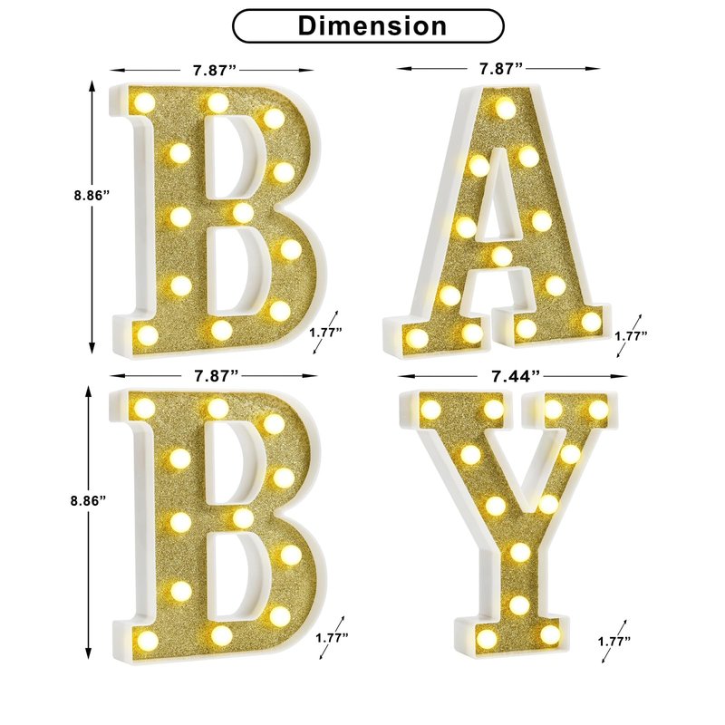 Pooqla BABY Marquee Light Up Letter Set, Gold Glitter Glowing Letters for Baby Shower Girl Boy Birthday Party Backdrop, LED Light Up Letter for Gender Reveal Home Bedroom Nursery Table Wall Decor