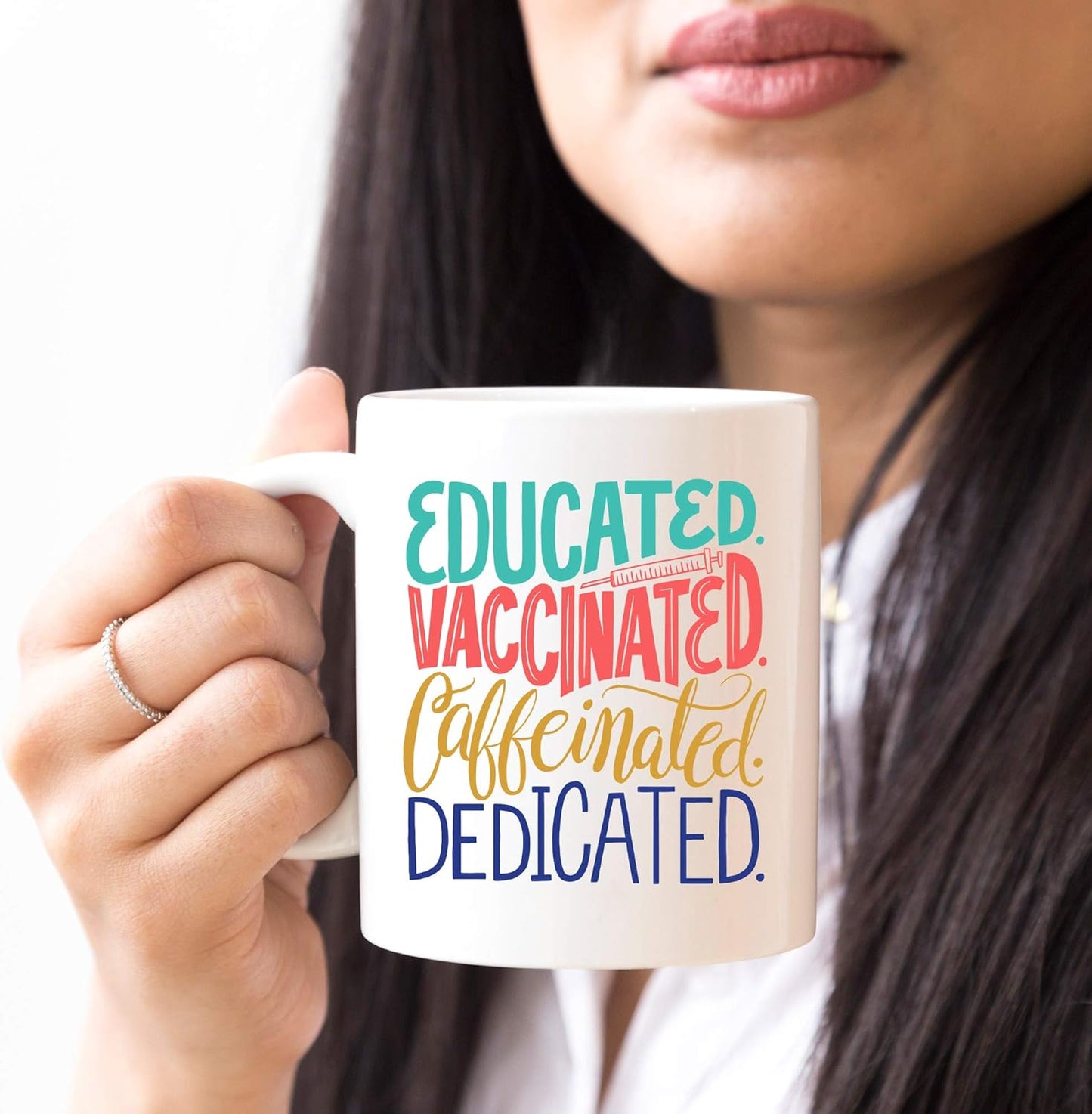 YouNique Designs Educated Vaccinated Caffeinated Mug, 11 Ounces, Nurse Coffee Mug for Women, Medical Assistant Mug,