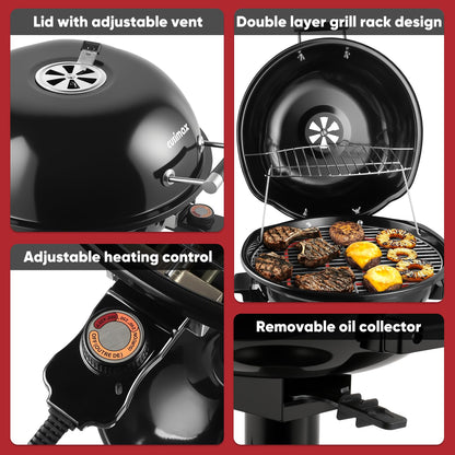 Electric Grill, CUSIMAX Electric Indoor/Outdoor Grill, 1600W Portable BBQ with Lid for Indoor & Outdoor Use, Adjustable Heat, Removable Stand Grill for Cookouts, BBQ Gatherings, Small Spaces