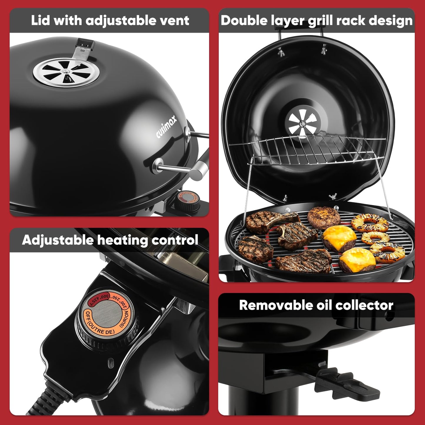 Electric Grill Outdoor, CUSIMAX Electric BBQ Grill, 1600W Portable BBQ with Lid for Cookouts, BBQ Gatherings, Small Spaces, Adjustable Heat, Removable Stand Grill, Oil Collector