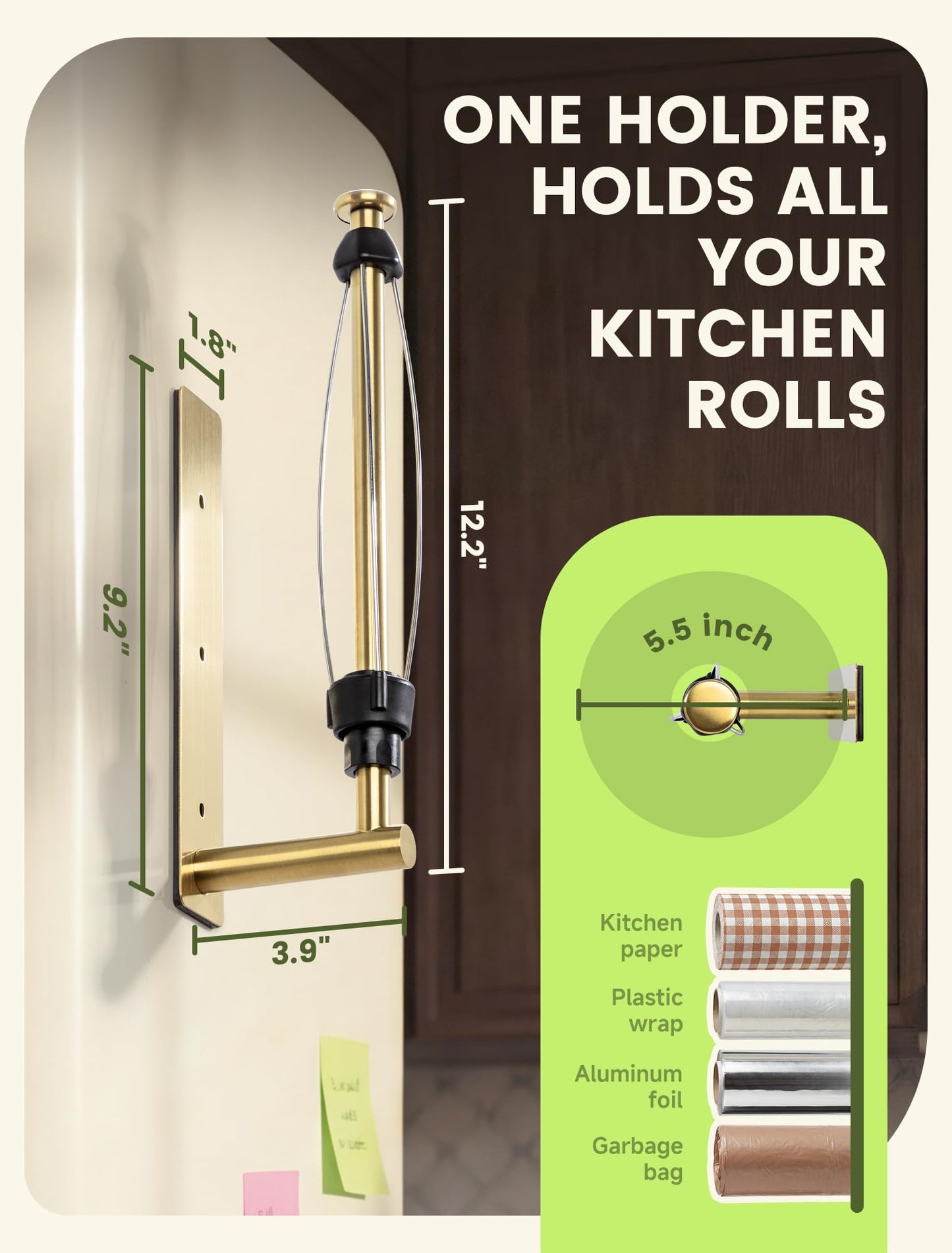 INMAKER Magnetic Paper Towel Holder, Strong Magnet Paper Towel Holder for Fridge, Kitchen, RV, Garage, Grill with Self Adhesive Wall Mount and Screws, One Hand Tear with Adjustable Damping (Gold)