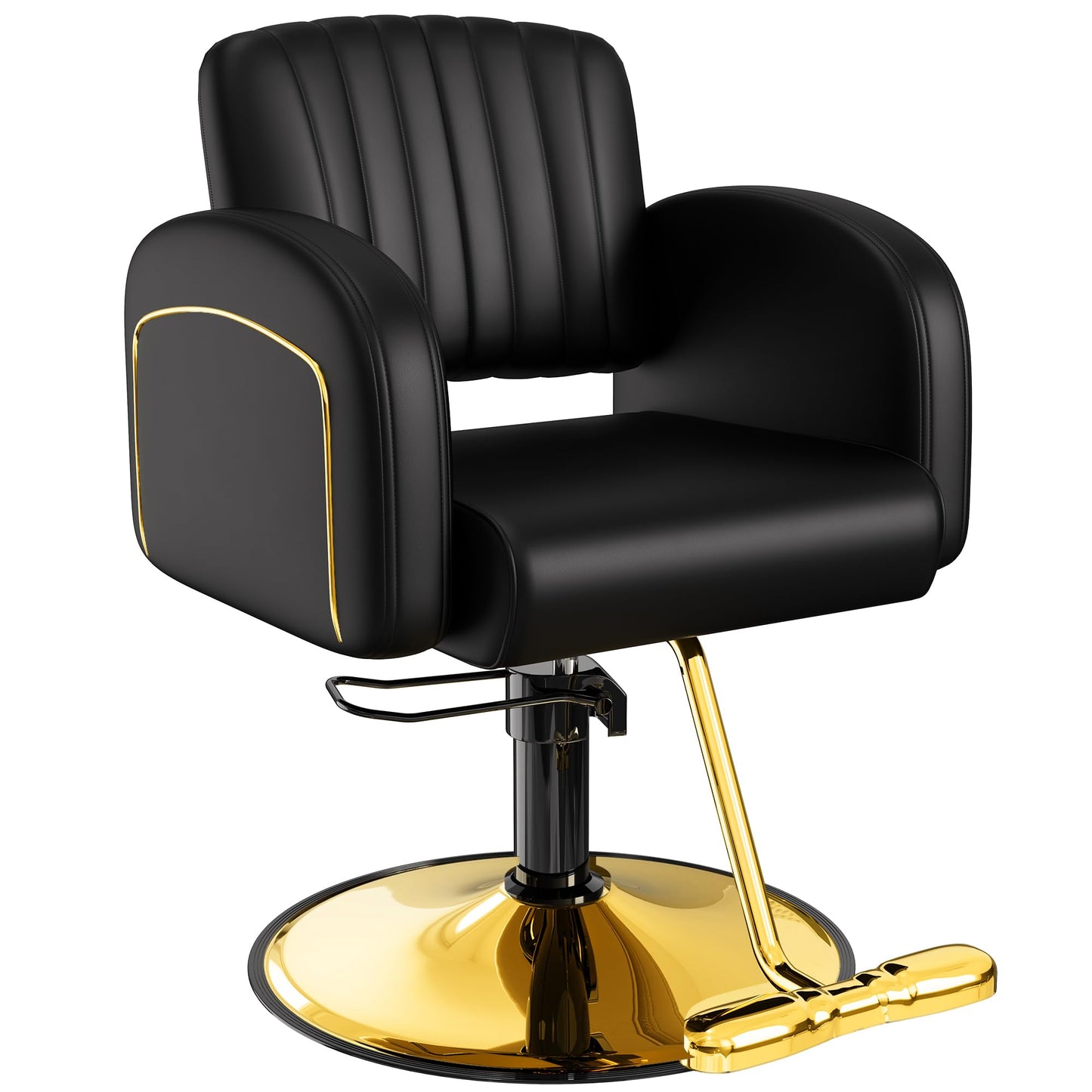 Baasha Professional Black & Gold Salon Chair, Luxury Hydraulic Styling Chair with Soft PU Leather, High-Density Foam Cushion, 360° Swivel, Stainless Steel Frame, Ergonomic Design, 330 lbs Capacity