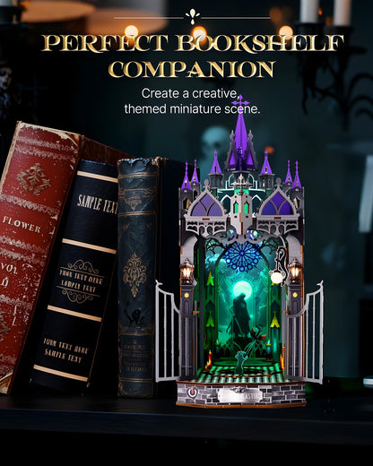 Book Nook Kit for Adults,3D Wooden Puzzle DIY Miniature Booknook Bookend Bookshelf Decor with LED Light,Gothic Castle Bookshelf Insert for Home Decor Gift,3D Wooden Puzzle.