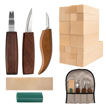 30pcs Wood Carving Kit Includes Basswood Blocks Wood Whittling Knife Kit 4pcs Templates Carving Knives for Wood DIY Beginners