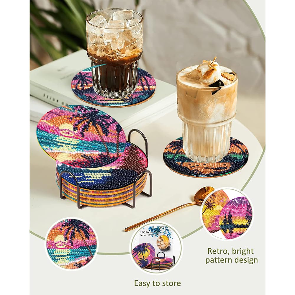 Clendo 8Pcs Diamond Painting Coasters Kits, DIY Landscape Diamond Art Coaster Kits with Holder, Small Diamond Painting Kits for Adults & Kids Art Craft Supplies