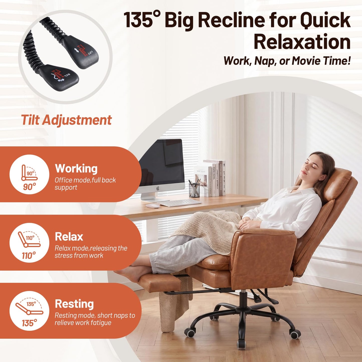 Furniliving Big and Tall Office Chair, Ergonomic Computer Desk Chair with Footrest, Wide Seat Reclining Gaming Chair, Flip Armrests for Cross Legged Sitting, Heavy Duty Support up to 400LBS, PU, Brown