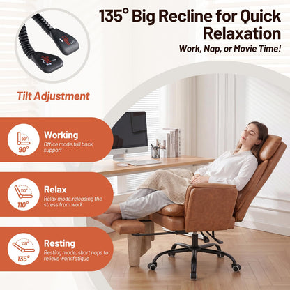 Furniliving Big and Tall Office Chair, Ergonomic Computer Desk Chair with Footrest, Wide Seat Reclining Gaming Chair, Flip Armrests for Cross Legged Sitting, Heavy Duty Support up to 400LBS, PU, Brown