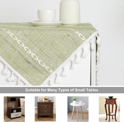24 24 Inch Rustic Bedside Square Small Tablecloth Striped Embroidered Washable Sage Green Table Cover Farmhouse