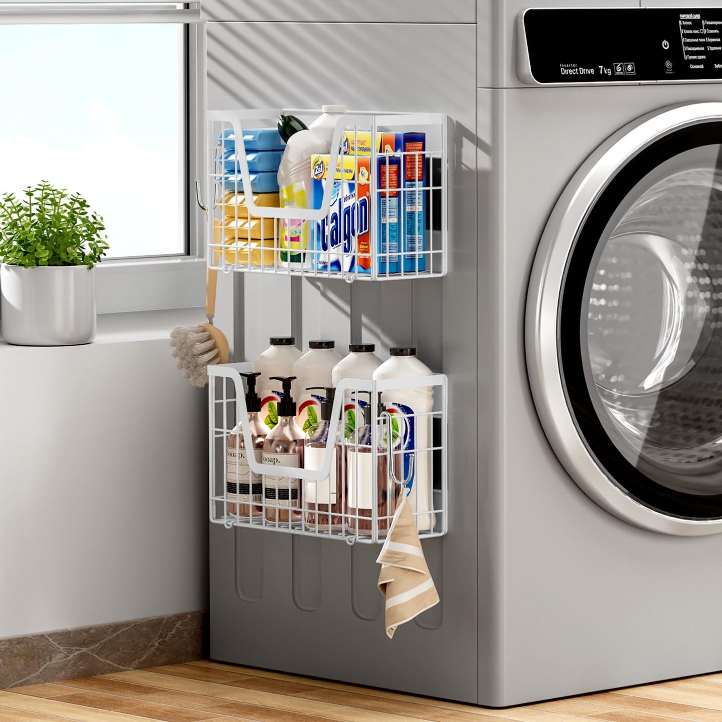 YIWANFW 2 Set Magnetic Fridge Shelf, White Magnetic Fruit Basket for Refrigerator Organizer Storage, Potato and Onion Storage Bins, Wire Baskets Magnet Rack for Laundry Washing Machine Kitchen Shelves