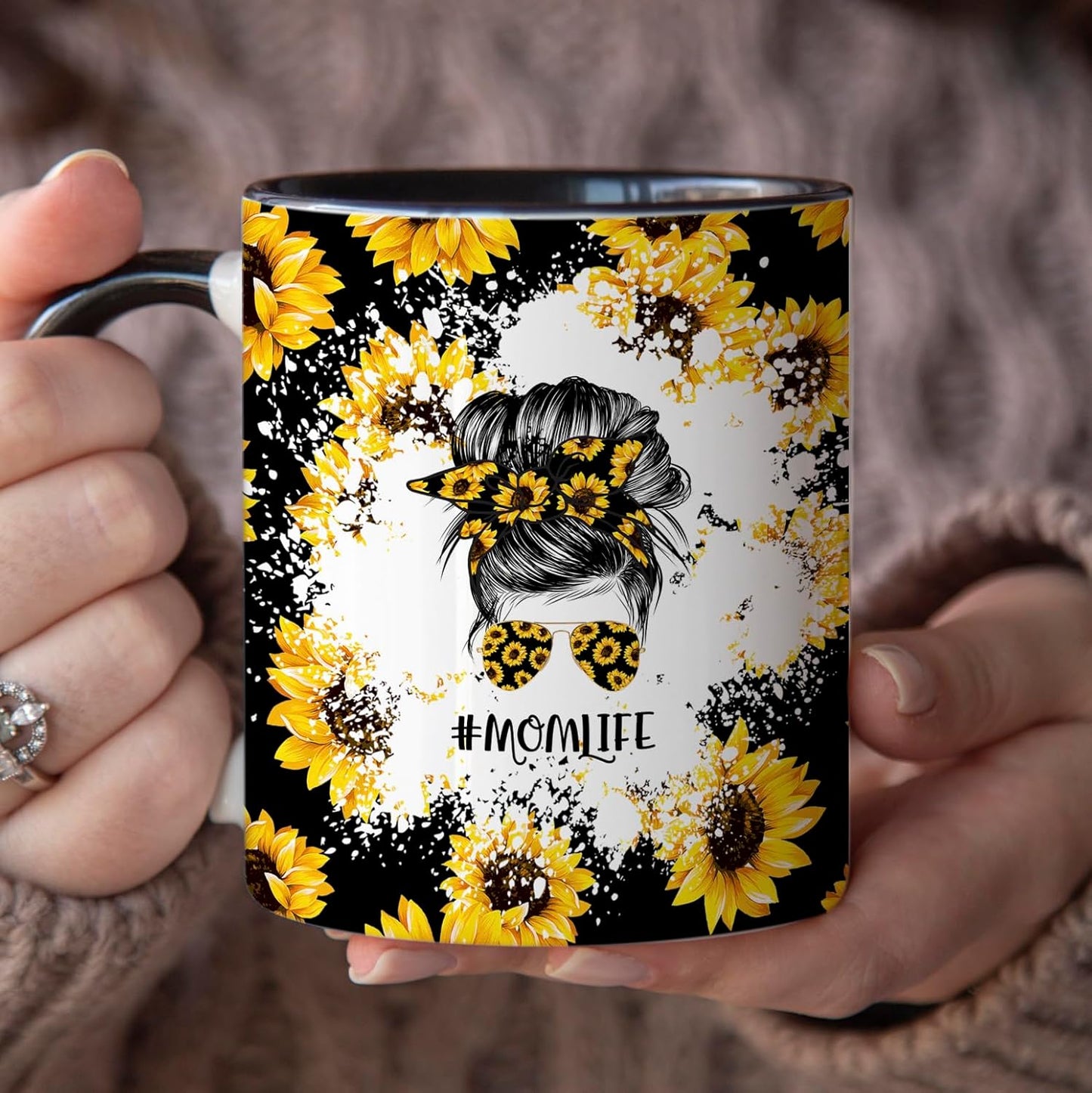 YouNique Designs Sunflower Mom Mug, 11 Ounces, Unique Mothers Day Coffee Mug from Daughter and Son, Black Handle