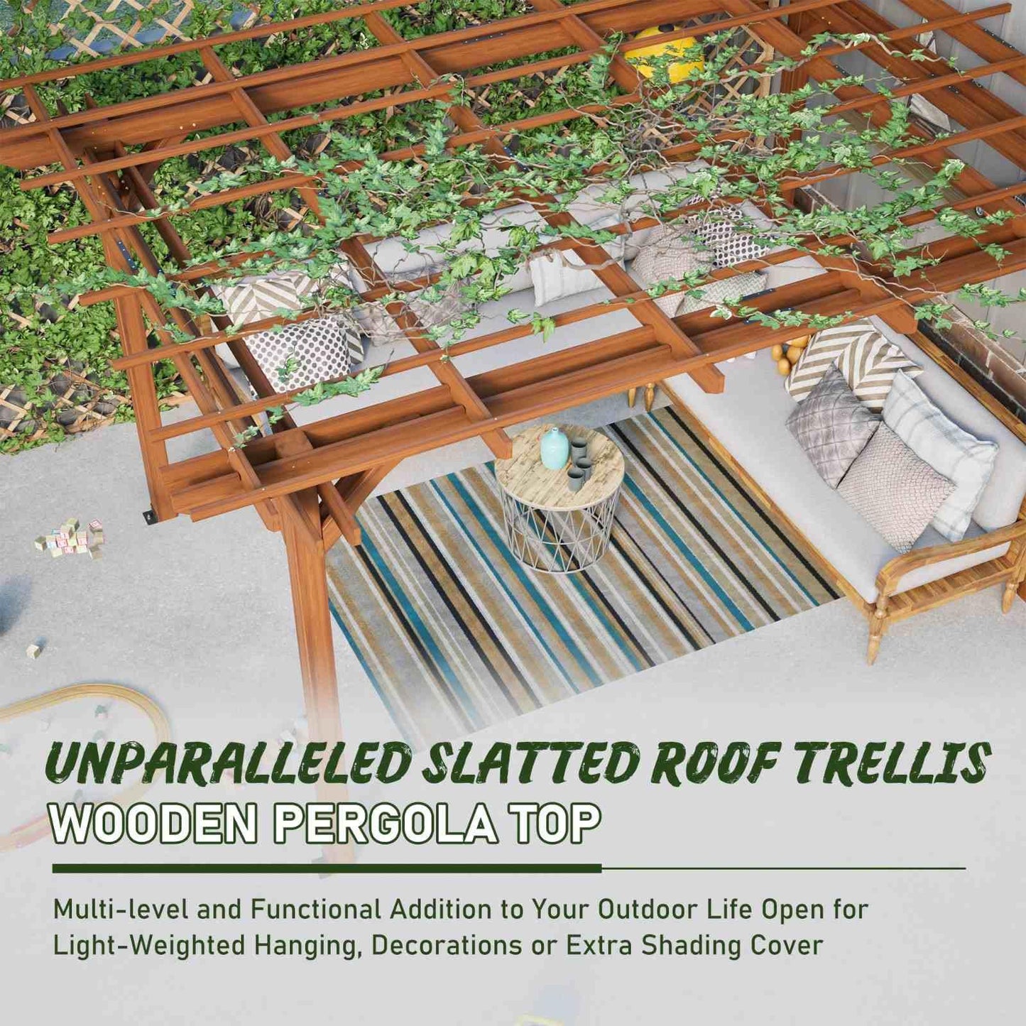 FRITHJILL 12x10FT Wooden Pergola with Slatted Roof Trellis, Fir Wood Outdoor Pergola for Climbing Plants & Vines, Waterproof Garden Arbor for Patio, Backyard, Deck