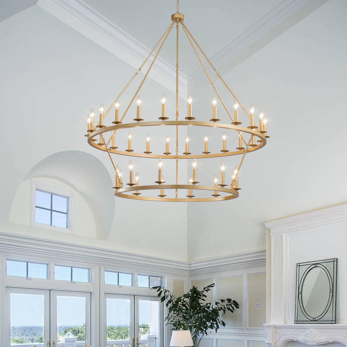 QJMPP Gold Wagon Wheel Chandelier 2 Tier 53-Inch 36-Light,Extra Large Circle Rustic Farmhouse Light Fixture,Round Metal Chandeliers for Foyer Entryway Dining Room Living Room High Ceilings
