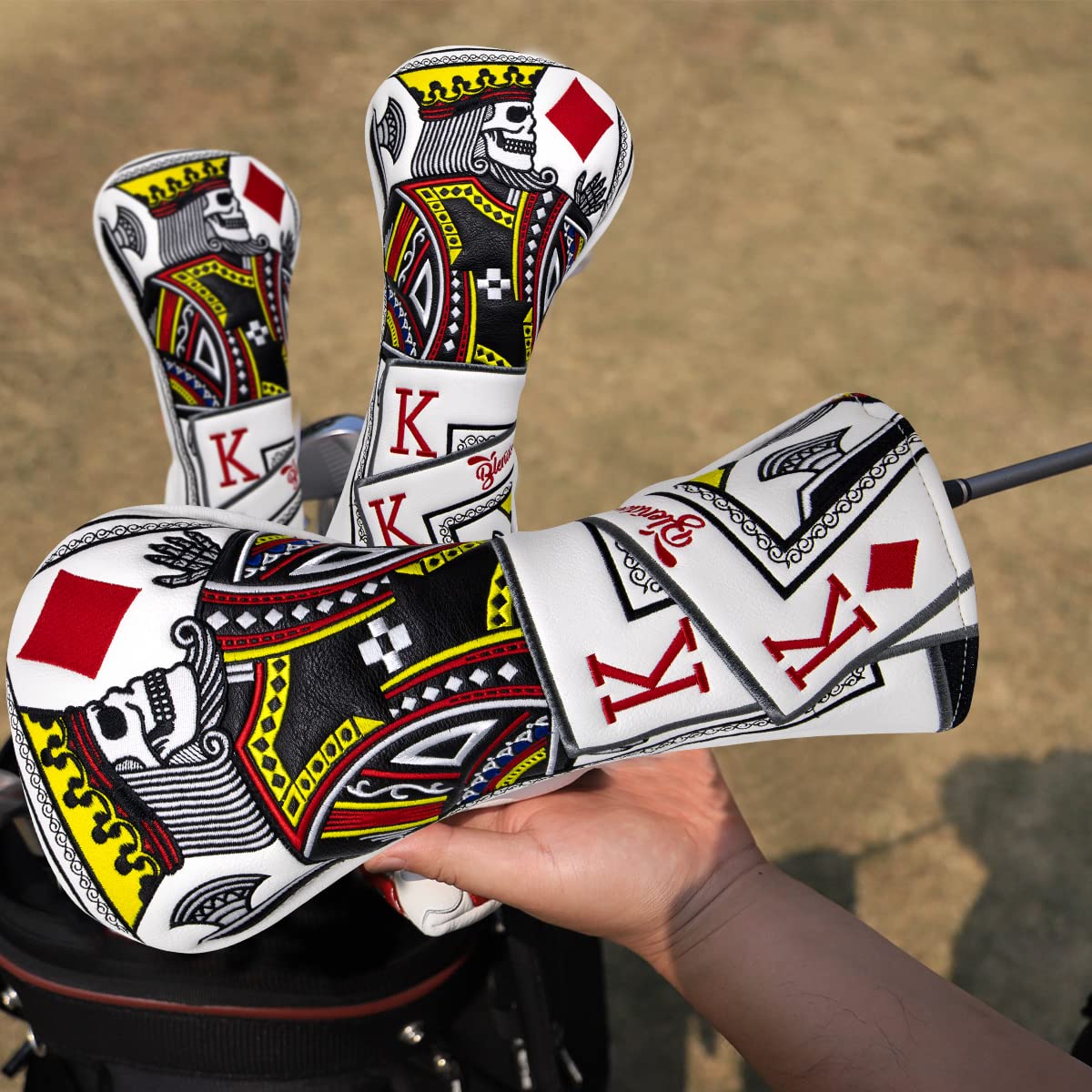 BAIRBRE Golf Club Covers - Poker Diamond King Driver Covers Fariway Wood Headcovers 3 Wood Hybrid Head Cover for Most Brands