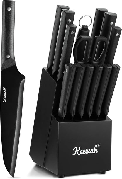 Keewah Knife Set, 15 Piece Kitchen Knives Set with Block, Black