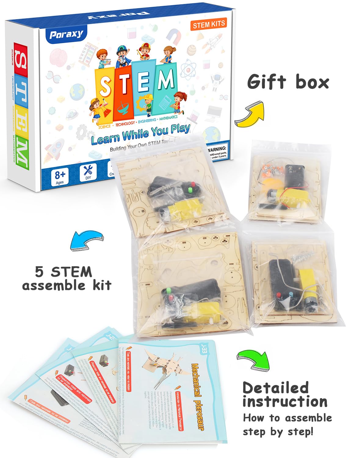 Poraxy 4 Pack Dinosaur Toys for Kids 8-12, STEM Kits, Toys for Ages 8-13, Wooden 3D Puzzle, Educational Science Building Projects Crafts, Birthday Gifts for Boys Girls 7 8 9 10 11 12 13 Years Old