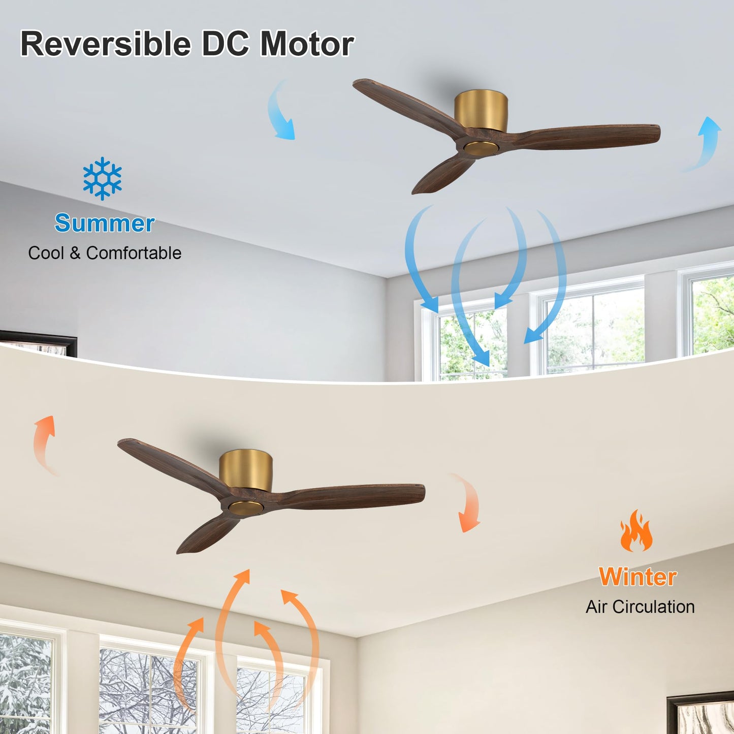 WINGBO 48" Flush Mount Ceiling Fan No Light - 3 Carved Solid Wood Blades, 6-Speed Reversible DC Motor, Dimmable, 3CCT, Low Profile Ceiling Fans without Lights for Bedroom Living Room, Gold and Walnut