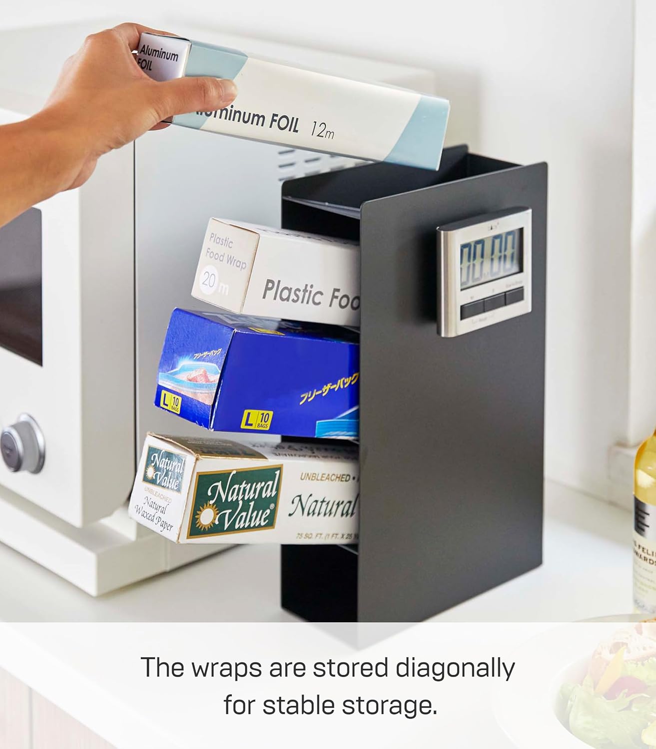 Yamazaki Home Tower 4-Tier Plastic Food Wrap or Aluminum Foil Organizer, Metal Kitchen Storage Holder