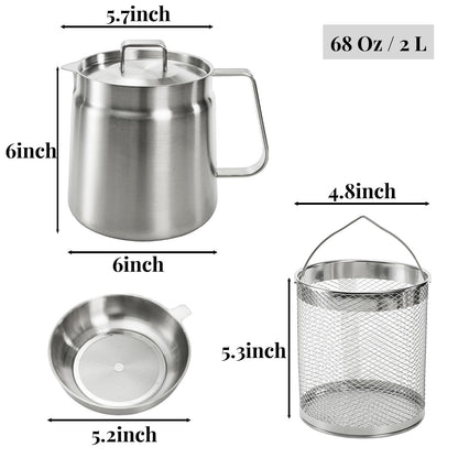 ZAVOOS 304 Stainless Steel Oil Filter Pot, 68 Oz Deep Fryer Pot with Strainer Basket, Versatile Large Capacity Bacon Grease Container Cooking Oil Saver for Kitchen, Restaurant, Camping