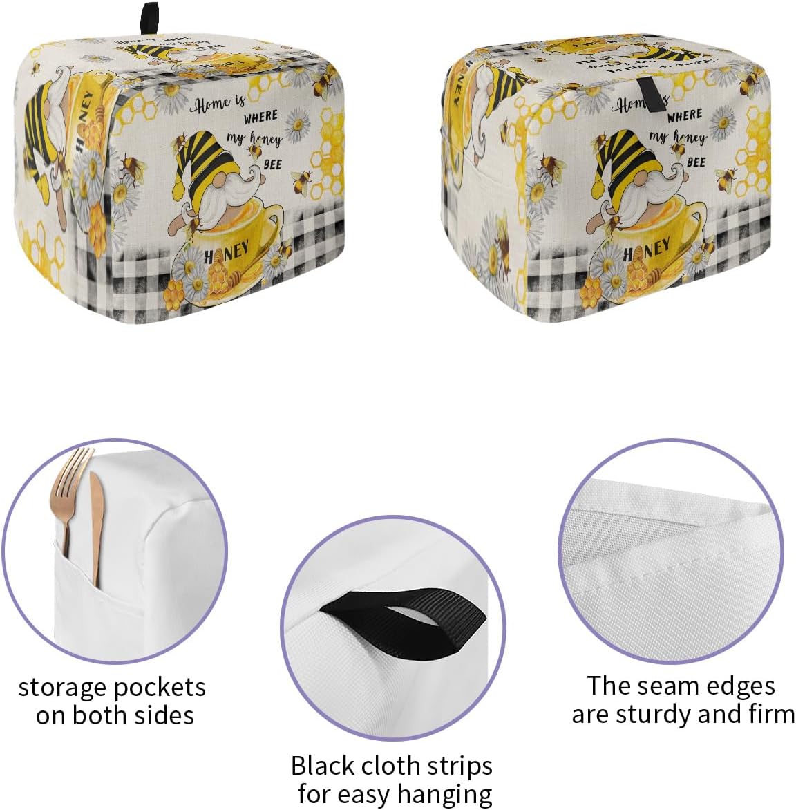 Honey Gnomes Toaster Cover, 4 Slice, Spring Floral Yellow Summer Bee Black Plaid, Dust Cover