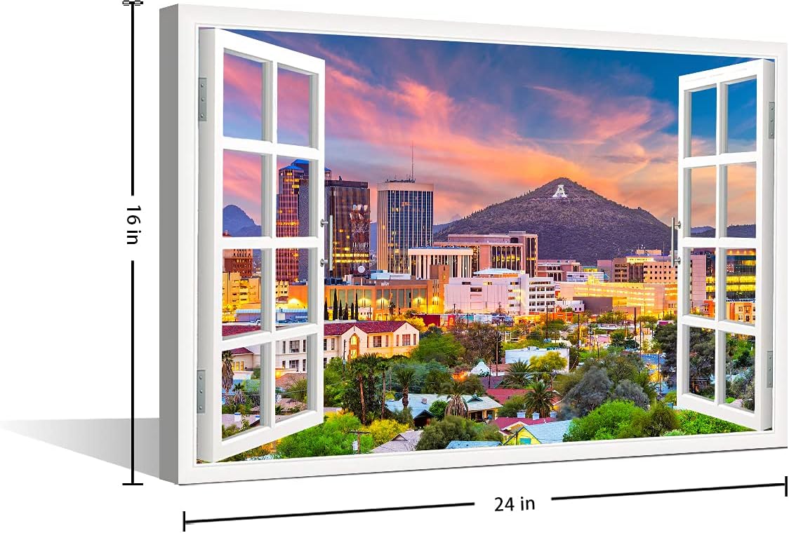 Window View Paintings for Wall, Tucson Arizona Cityscape Canvas Art, 16"Wx24"H, Framed Ready to Hang