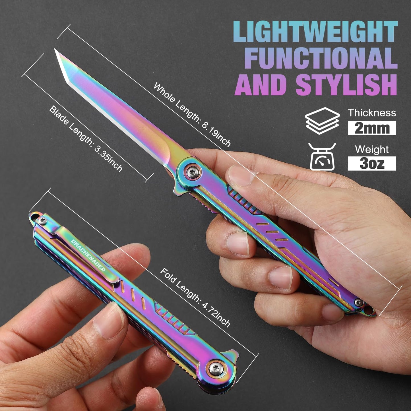 DRACHENADER Tanto Folding Knife for Women and Men, Rainbow Pocket Knife Color Slim Gentleman's Tanto Balde Small EDC Knife for Keychain