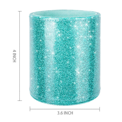 WAVEYU Glitter Pen Holder Pencil Organizer, Cute Pencil Cup Desk Decor, Decorative Makeup Brush Holder Large, Leather Multi-Functional Organizer Cup for Office, Home, Classroom, Blue+Green