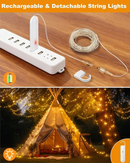 Btfarm Rechargeable Fairy Lights - 33FT 100LED Twinkle String Lights with Remote & Timer | Waterproof Warm White for Indoor & Outdoor Decor