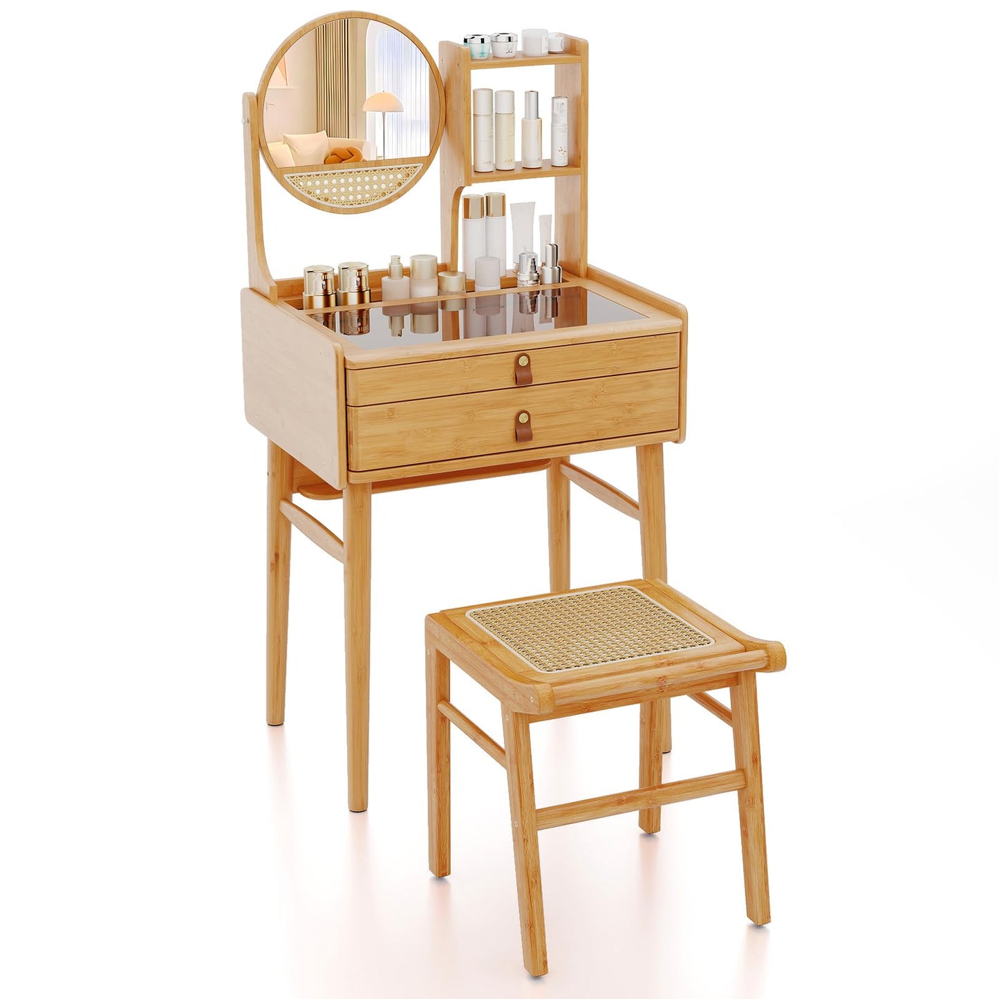 CHARMAID Small Bamboo Vanity Desk with Mirror and Stool, Glass Top Makeup Vanity Table with Storage Drawers, Shelves & Deep Tabletop Groove, Compact Dressing Table for Bedroom Small Spaces, 23.5" W