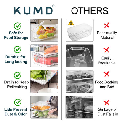 KUMD 10-Pack Clear Fridge Organizer Bins with Lids, Stackable Refrigerator Storage Containers, BPA-Free with Drain Tray & Anti-Slip Base for Fruits, Veggies, Drinks